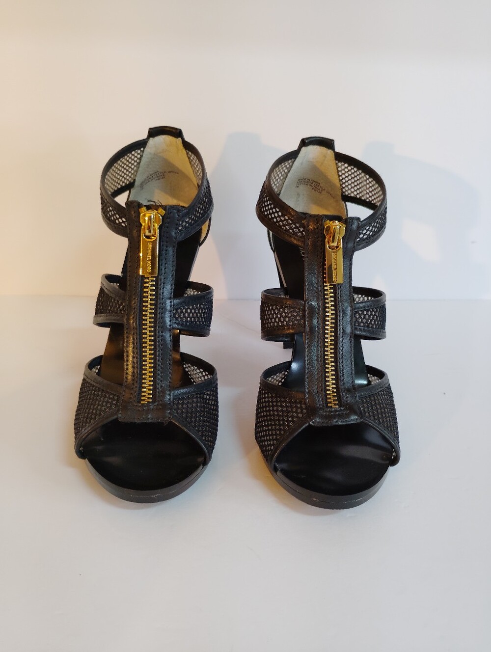 Michael Kors Black Mesh Strappy Heels with Gold Front Zipper